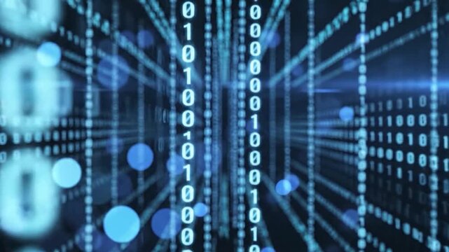 A digital background featuring glowing blue binary code streams flowing through a dark virtual space