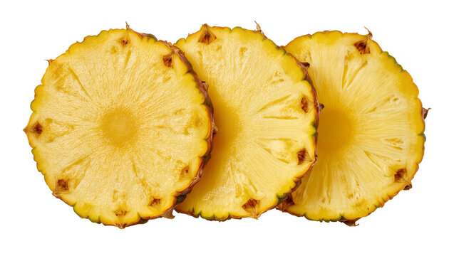 Three juicy pineapple slices with textured rind, isolated on transparent background