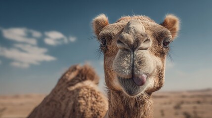 Fototapeta premium Close-up panoramic portrait of a cute camel sticking out tongue with happy smiling expression in desert, clear details under bright blue sky with natural soft light and vivid colors, ideal for travel