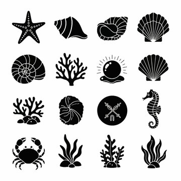 Collection of Sixteen Clean Black Vector Silhouettes of Marine Life and Underwater Elements Including Starfish, Seashells, Coral, Seahorse, Crab, Seaweed, and Pearl on White Background