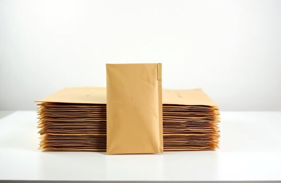 Stacks of brown padded envelopes on a white desk. One envelope stands upright in front of a large pile. Ideal for shipping, mail, and office supplies.