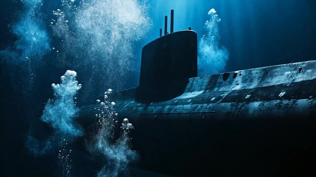 A powerful, modern submarine glides silently through the mysterious dark blue ocean depths, surrounded by rising bubbles, a formidable vessel on a deep-sea exploration mission