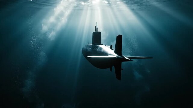 A powerful military submarine glides silently through the dark, mysterious depths of the ocean, illuminated by shafts of sunlight piercing the deep blue water from above