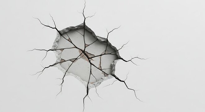 A cracked and damaged white wall with a large hole