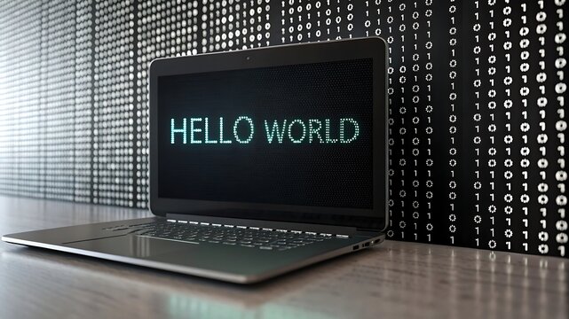 Laptop displaying 'Hello World' message on screen, surrounded by binary code, representing programming and digital concepts.