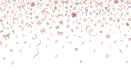 Naklejka premium Watercolor Falling Confetti Celebration Bow Pearl Rose Cherry Blossom Ribbon Star Heart — Soft Feminine Aesthetic White Background