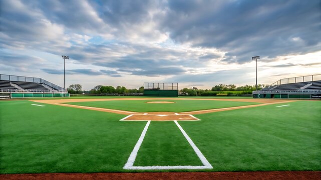 Empty baseball field with synthetic turf, stadium seating, and dramatic cloudy sky at dusk.