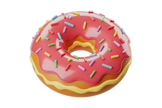 Colorful pink frosted donut with sprinkles on white background