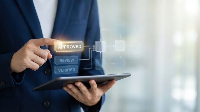 Business professional approving digital workflow on tablet with review and verified stages for corporate compliance governance and business process approval
