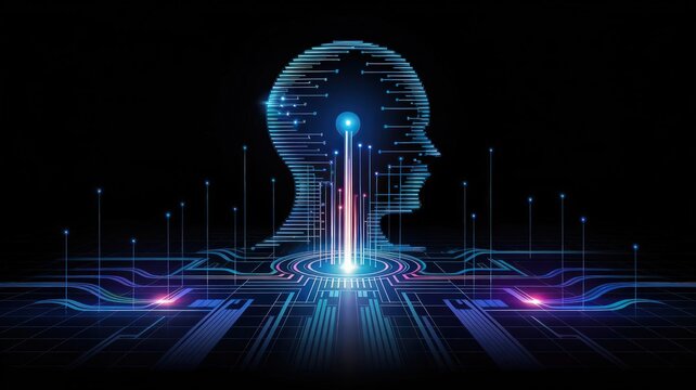 Glowing digital human head silhouette with central data core and circuit pathways on dark technology background for artificial intelligence business presentation and innovation themes