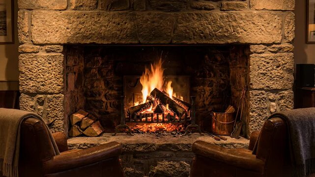 fireplace roaring fire stone hearth cozy livingroom with chairs