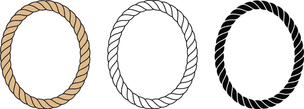 Oval rope frame icon set featuring twisted cord borders in brown tan black solid silhouette and outline vector illustration styles.