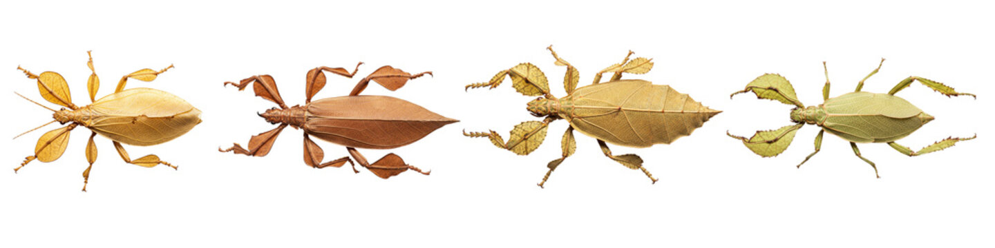 Collection of four leaf insects isolated on a solid black background