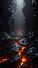 Fototapeta premium Dark Cavern Pathway with Glowing Lava River and Dramatic Light Tunnel