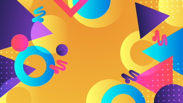 Fun and energetic Memphis style background with colorful triangles circles and squiggles over a bright yellow gradient backdrop