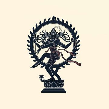 Detailed vector illustration of Hindu deity Lord Shiva as Nataraja performing the cosmic Tandava dance within a decorative circular frame, standing on a lotus pedestal base.