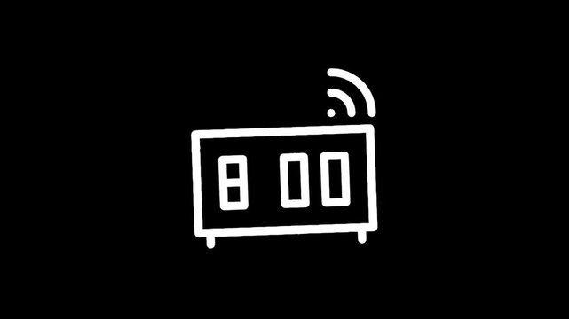 Simple line art alarm clock icon displaying 8:00 with radio waves emanating from the top