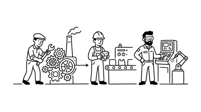 Factory Workers And Robotic Automation Process