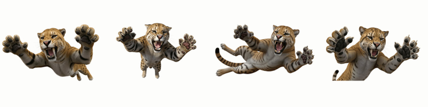 Collection of four sabertooth tigers jumping and roaring isolated on black