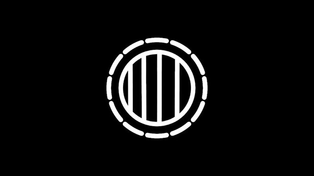 Minimalist white circular icon with dashed outer ring on a black background