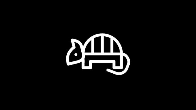 Minimalist white line art icon of an armadillo on a black background