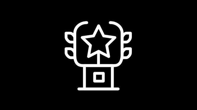 Abstract white line art icon of a trophy with a star and leaves on a black background