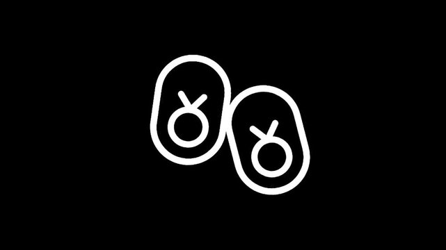 Simple white outline icon of baby booties on a black background