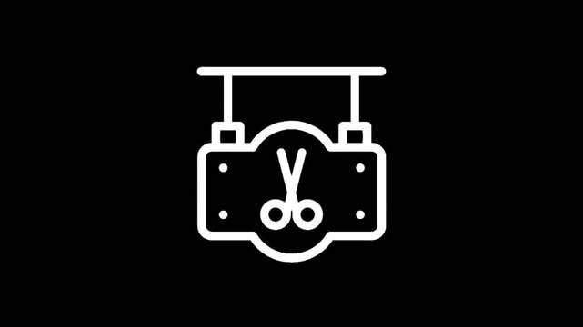 Barber shop sign with scissors icon, minimalist white line art on black background