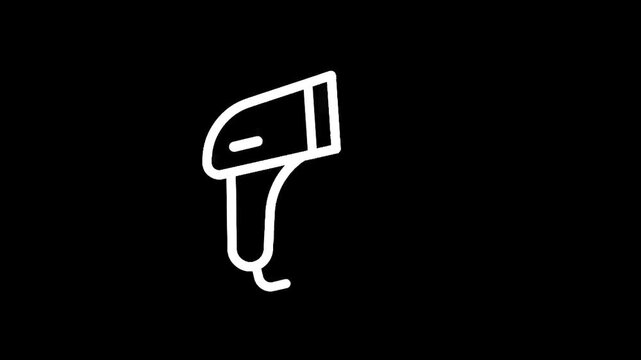 Simple line icon of a handheld barcode scanner emitting a beam of light on a black background