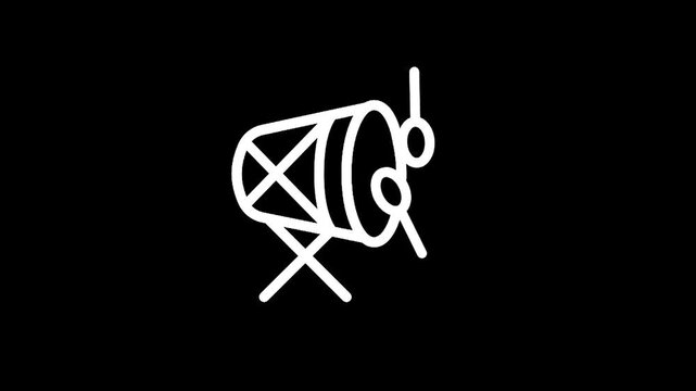 Simple white line art of a drum with sticks on a black background