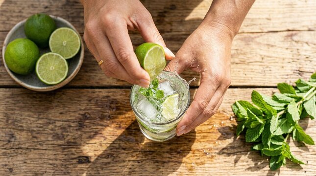 Woman squeezing fresh lime into a mojito cocktail with mint on a rustic wooden table.