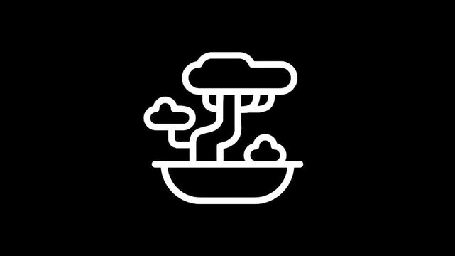 Stylized white line art icon of a bonsai tree in a pot on a black background