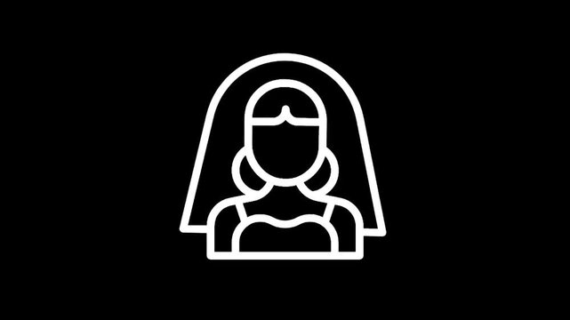 Simple white line icon of a bride wearing a veil and earrings on a black background