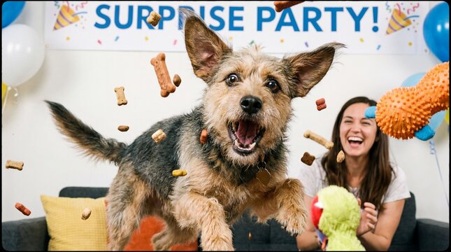 A dog expresses excitement with eyes concept. A joyful dog celebrates a surprise party with a happy owner.