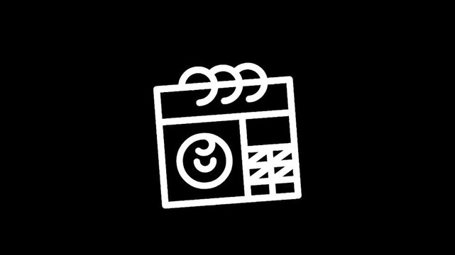 Simple white line art icon of a calendar with a smiley face on a black background