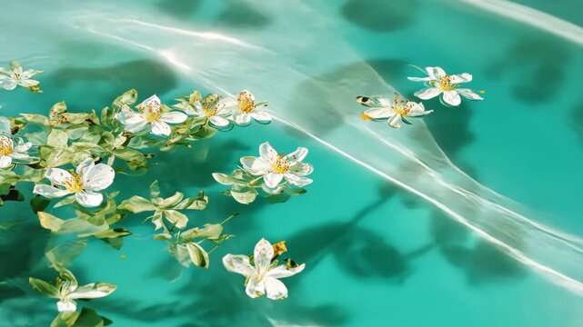 White flowers with yellow centers float on turquoise water with light reflections