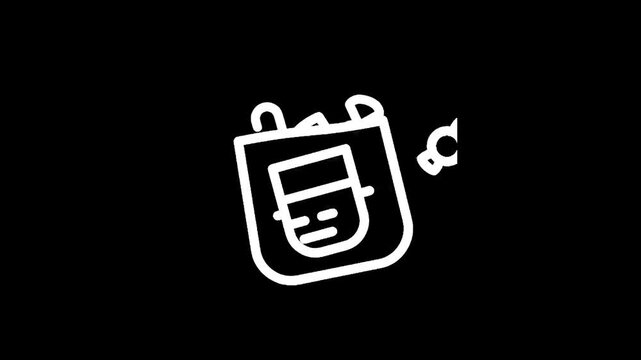 Simple white outline drawing of a shopping bag with a candy on a black background