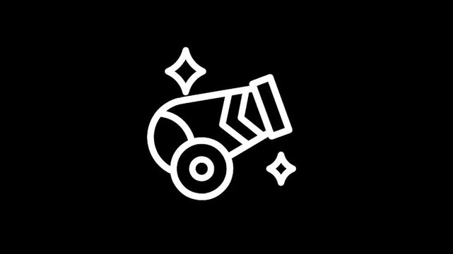 Simple white cannon icon with sparkling stars on a black background