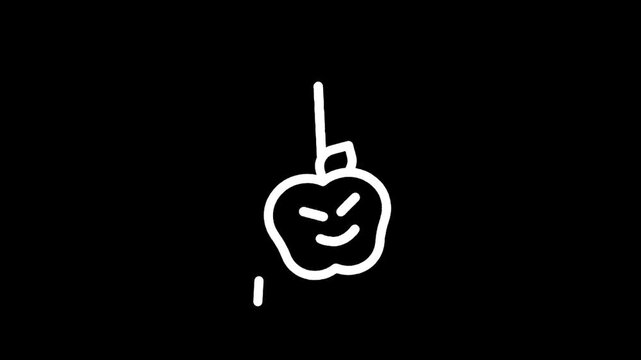 Whimsical white line drawing of a mischievous apple hanging by a string