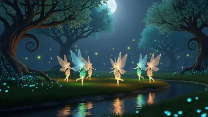 Foto auf Acrylglas Feen und Elfen Enchanted Forest Fairy Dance: A whimsical scene unfolds as a group of fairies dance gracefully in an ethereal forest, their luminous wings and the soft glow of moonlight adding a touch of magic.  © Bounpaseuth