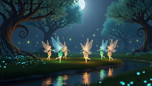 Enchanted Forest Fairy Dance: A whimsical scene unfolds as a group of fairies dance gracefully in an ethereal forest, their luminous wings and the soft glow of moonlight adding a touch of magic.