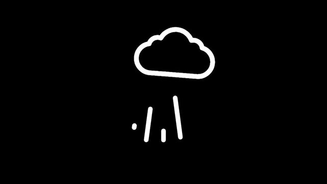 Simple white line art icon of a cloud with rain falling on a black background