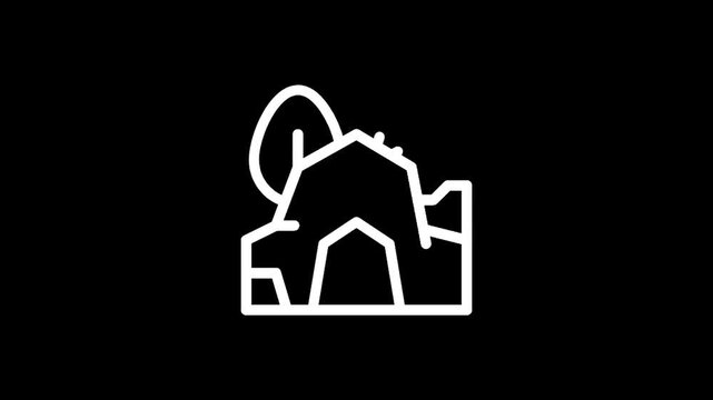 Stylized icon of a mountain cave entrance with a sun and tree on a black background