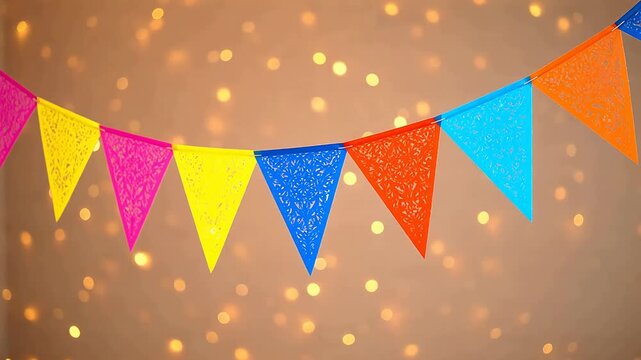 Dynamic Colorful triangular flags with bokeh lights representing Generative AI and Creative Energy