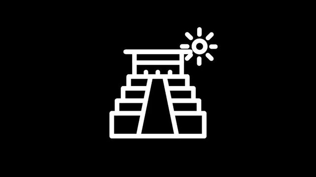 Stylized white line icon of a stepped pyramid with a sun symbol above it on a black background
