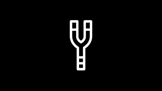 Simple white tuning fork icon on a black background, minimalist design for science and music