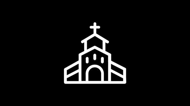 Simple white line art icon of a church building with a cross on top