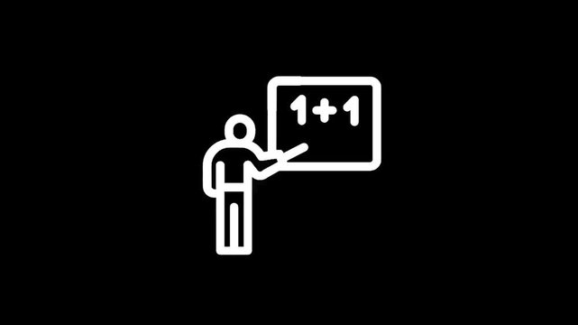 Teacher pointing at a blackboard with "1+1" written on it, representing basic math education