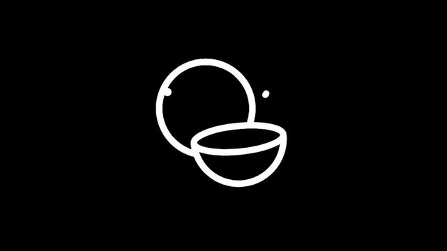 Simple white line art icon of a halved coconut on a black background