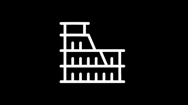 Simple white line art icon of the Colosseum on a black background
